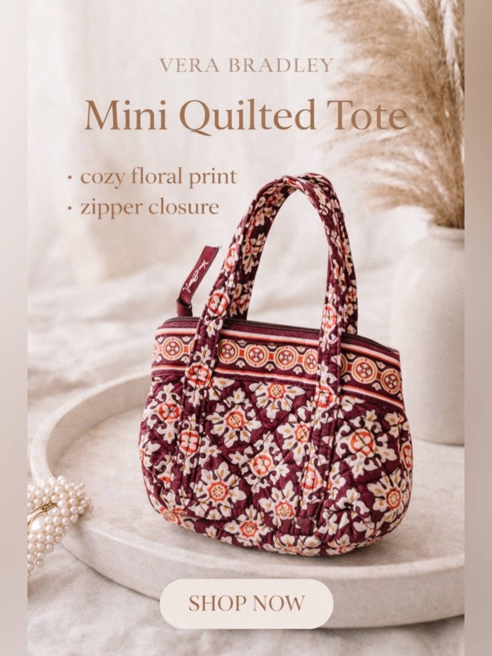 Vera Bradley Mini Quilted Tote Bag Floral Burgundy Zip Top